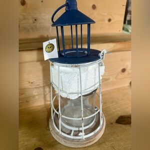 NEW IN BOX Navy and White Lighthouse Lantern style Candle Holder and candle